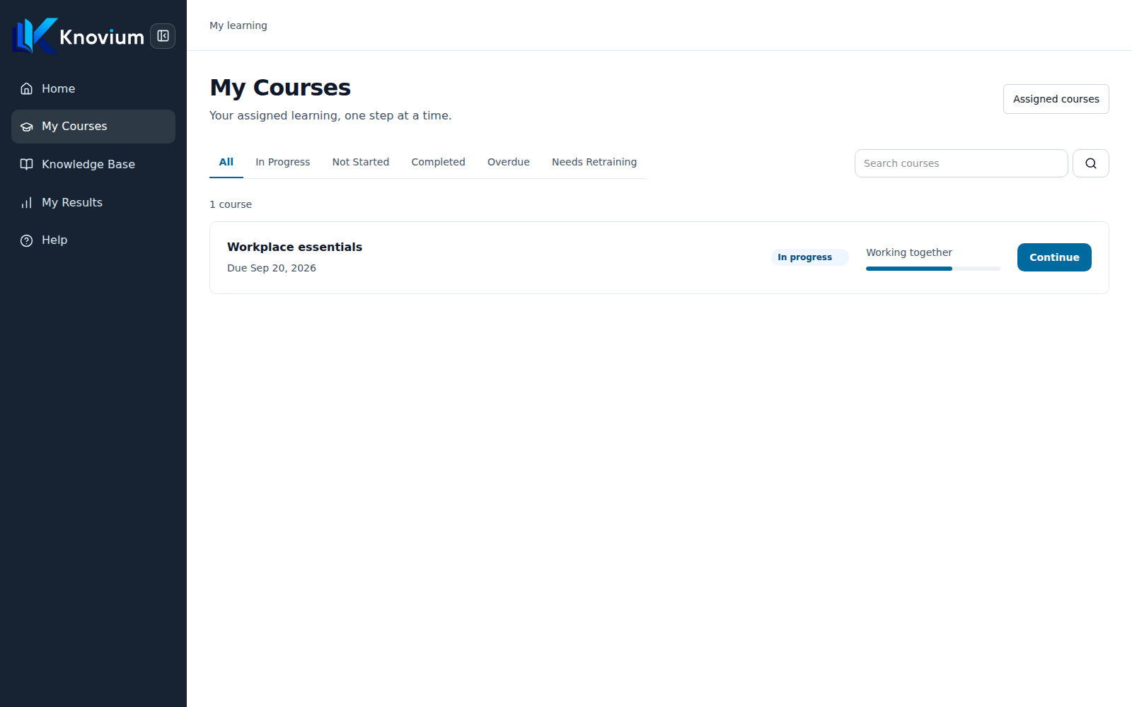 My Courses: assigned training, course status, due date and progress